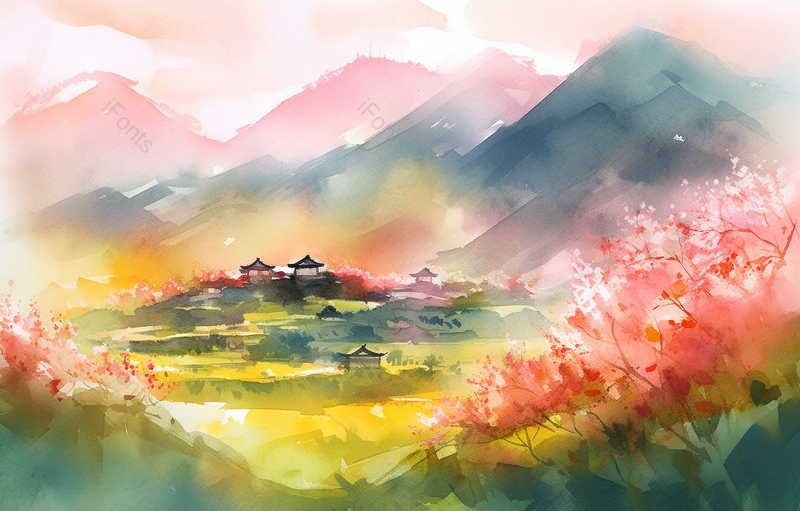 中国风山脉房屋树木水墨画,插画/手绘图,插画/手绘图库,插画/手绘图下载,插画/手绘